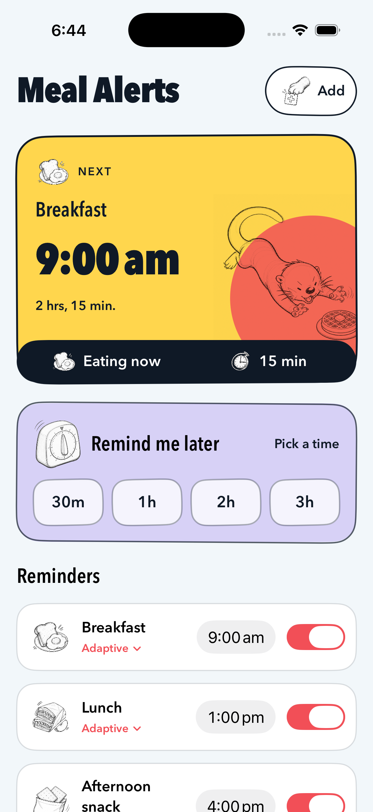 Meal Alerts showing quick 30 minute, one hour, two hour and three hour reminder choices
