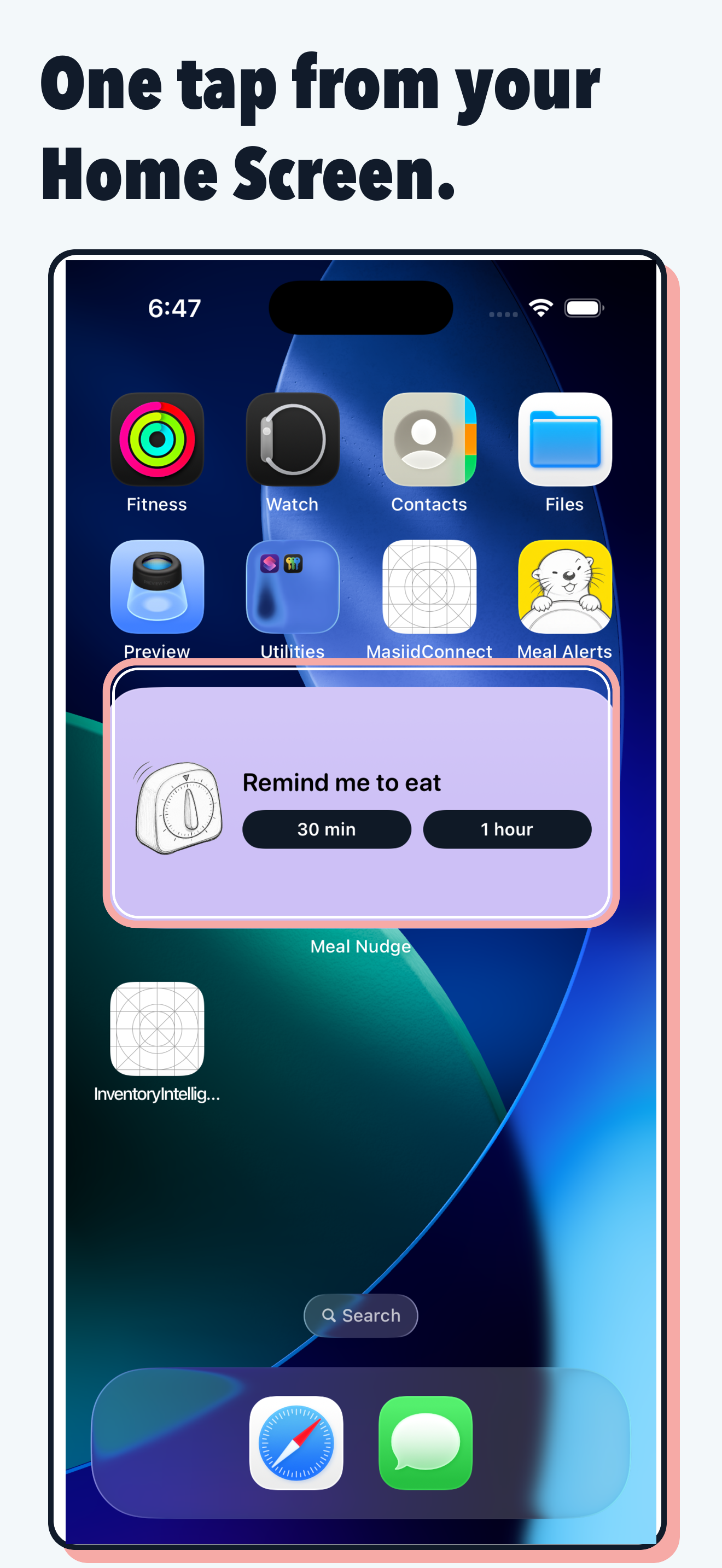 Meal Alerts Home Screen widget with one-tap actions